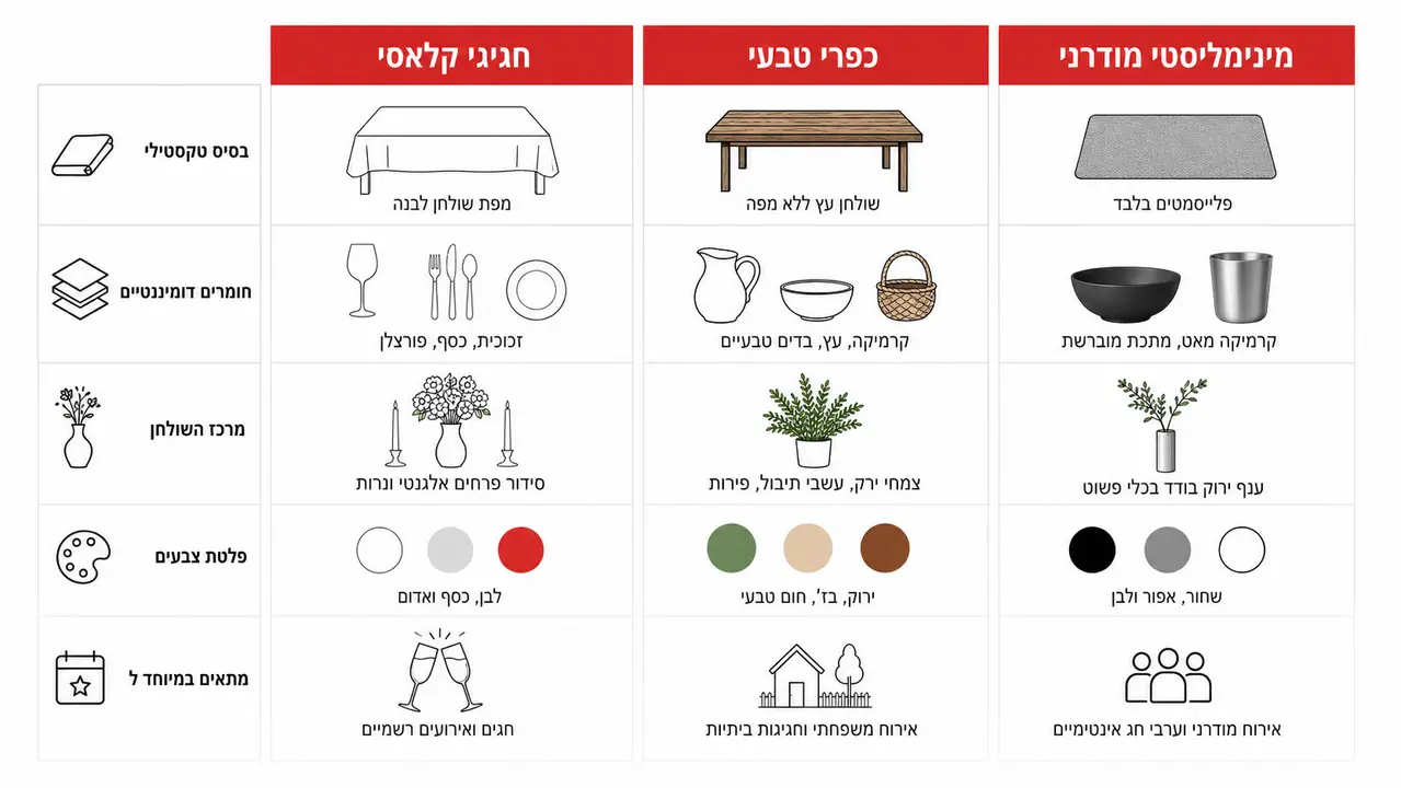 השוואה בין סגנון קלאסי, טבעי ומינימליסטי לשולחן חג