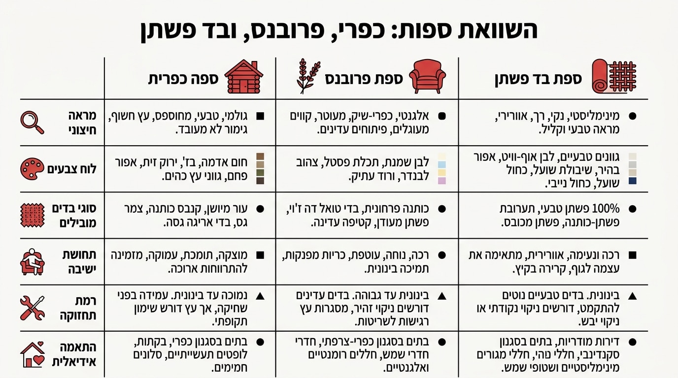 השוואה בין סגנונות ספות כפריות – כפרי קלאסי, פרובנס ובד פשתן