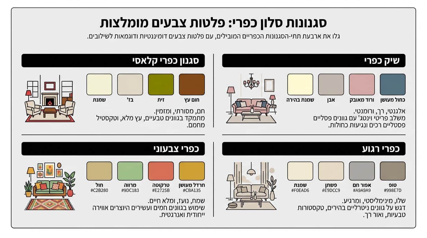 טבלת השוואה של פלטות צבעים לסלון כפרי לפי סגנון משנה