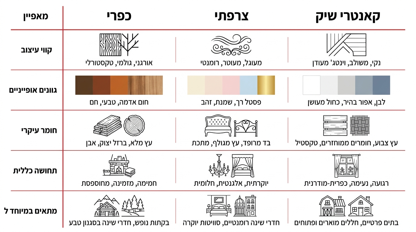 טבלת השוואה בין סגנונות מיטה רומנטיים – כפרי, צרפתי וקאנטרי שיק