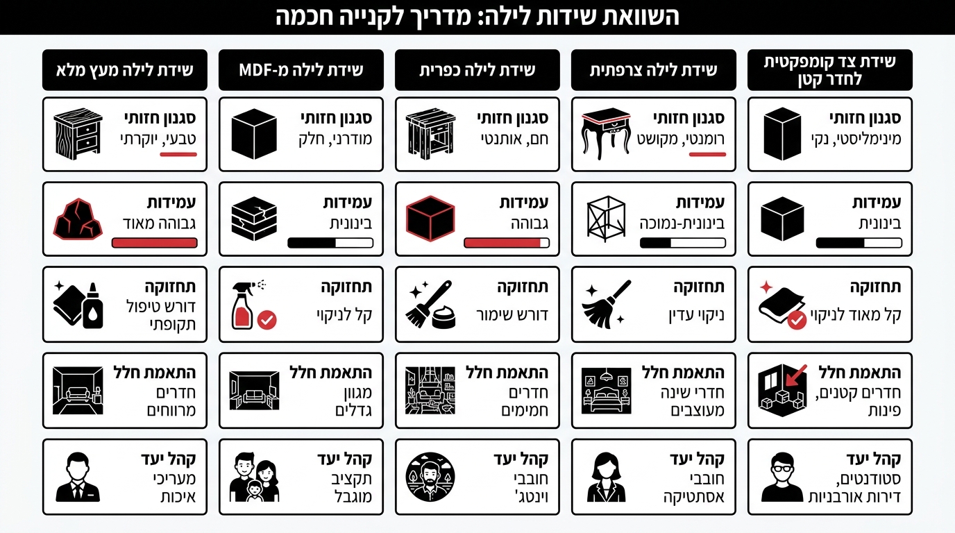 השוואה בין סוגי שידות לילה וסגנונות עיצוב שונים