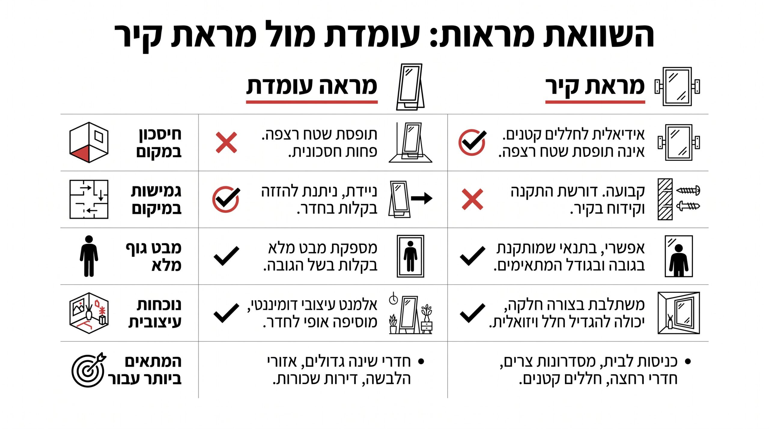 מראה עומדת מעוצבת לעומת מראת קיר – מה לבחור לחדר שינה