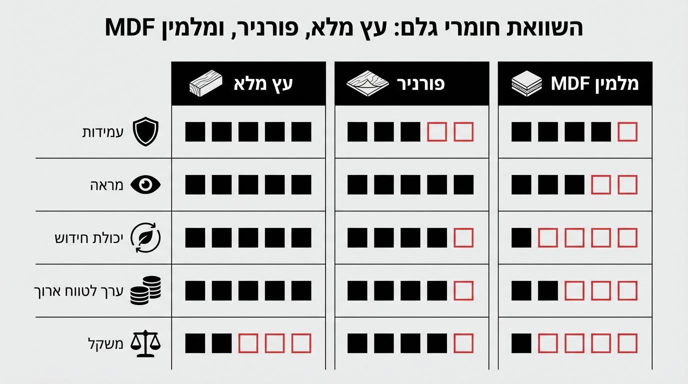 עץ מלא מול פורניר וחיקויי עץ - השוואה ויזואלית