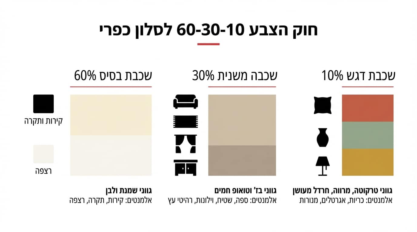 כלל 60-30-10 לשילוב צבעים בסלון כפרי - מדריך חזותי