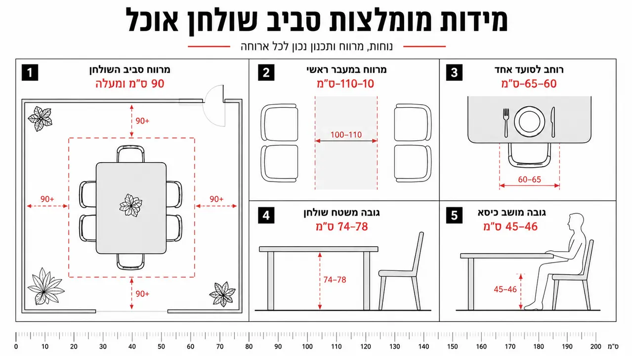מידות נדרשות סביב שולחן אוכל בחלל פתוח