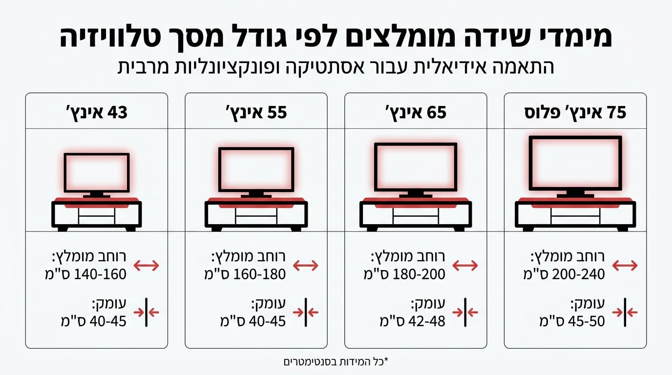 טבלת גדלים מומלצים למזנון טלוויזיה בהתאם לגודל המסך