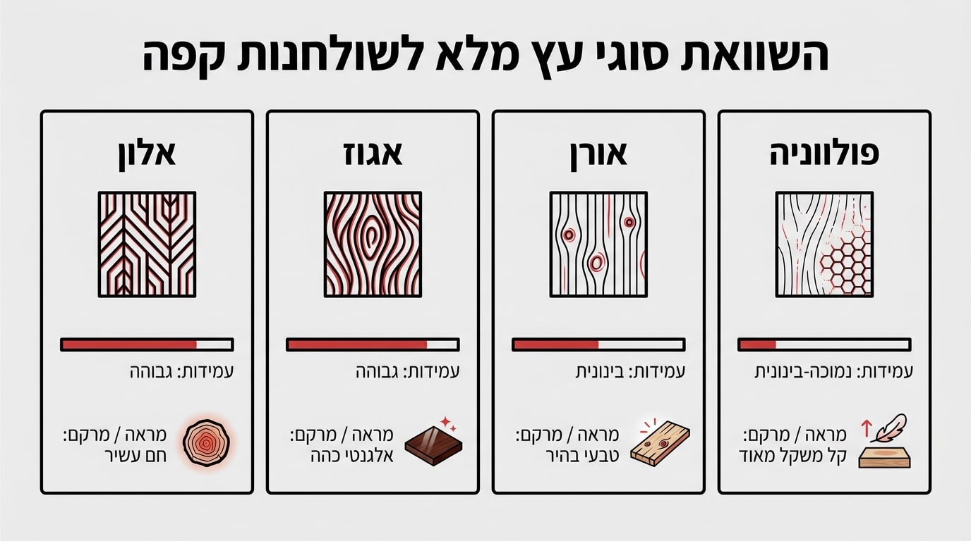 סוגי עץ לשולחן קפה מעץ מלא - אלון, אגוז, אורן