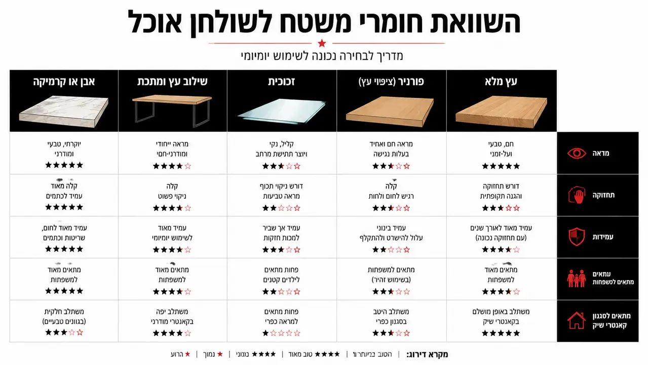 השוואה בין עץ, זכוכית ושילוב חומרים לשולחן אוכל